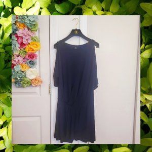 JAY GODFREY  Mini Dress Navy Blue‎ SMALL Cold Shoulder Sleeves Boat Neck Flowy